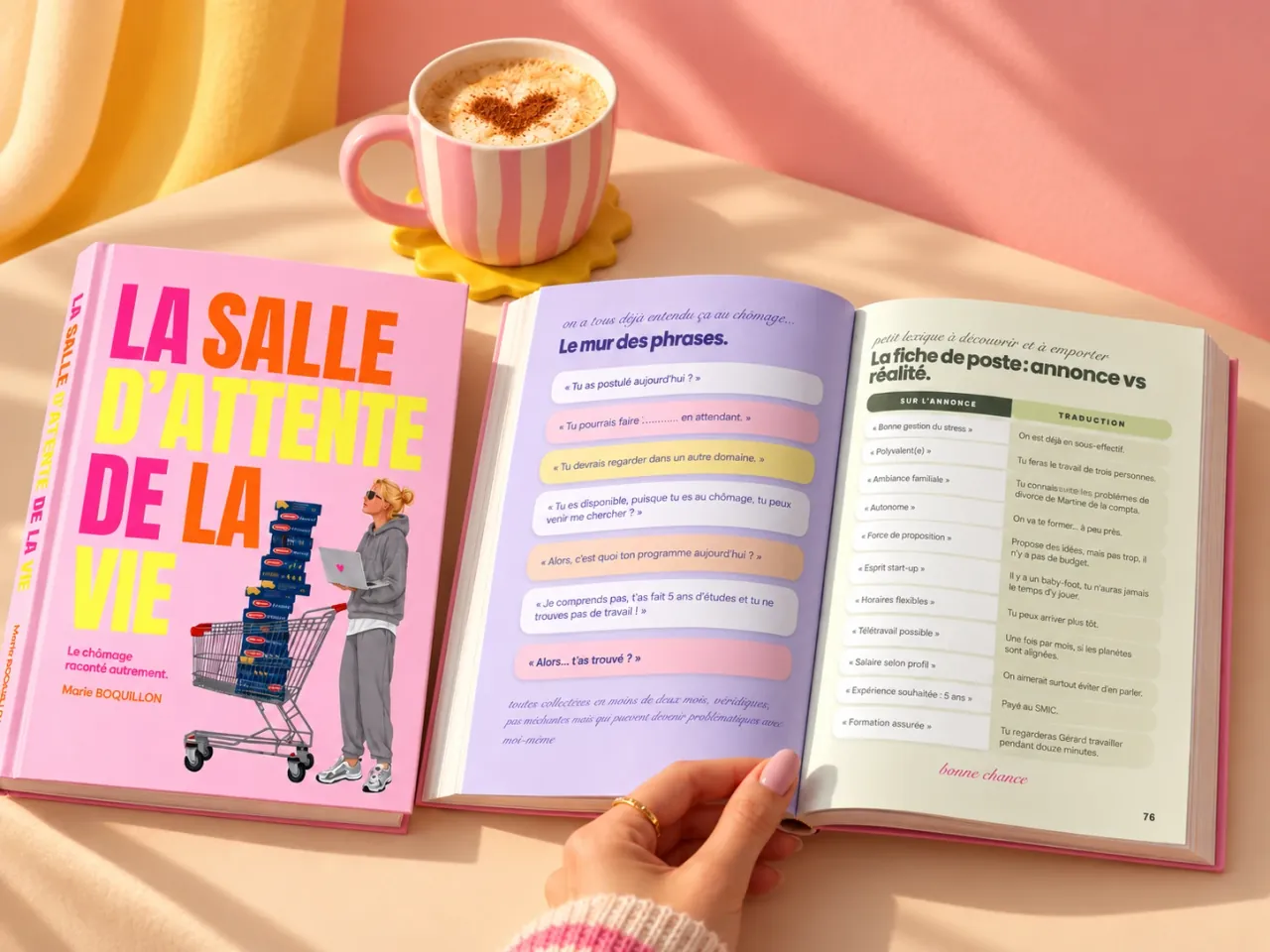 Le livre ouvert à côté d'une tasse de café : à gauche « Le mur des phrases », à droite « La fiche de poste : annonce vs réalité ».
